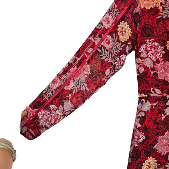 Guess Elysian Wrap Maxi Dress 6 Red Floral Boho Chiffon Layered Slit Lace Inset - Picture 14 of 16